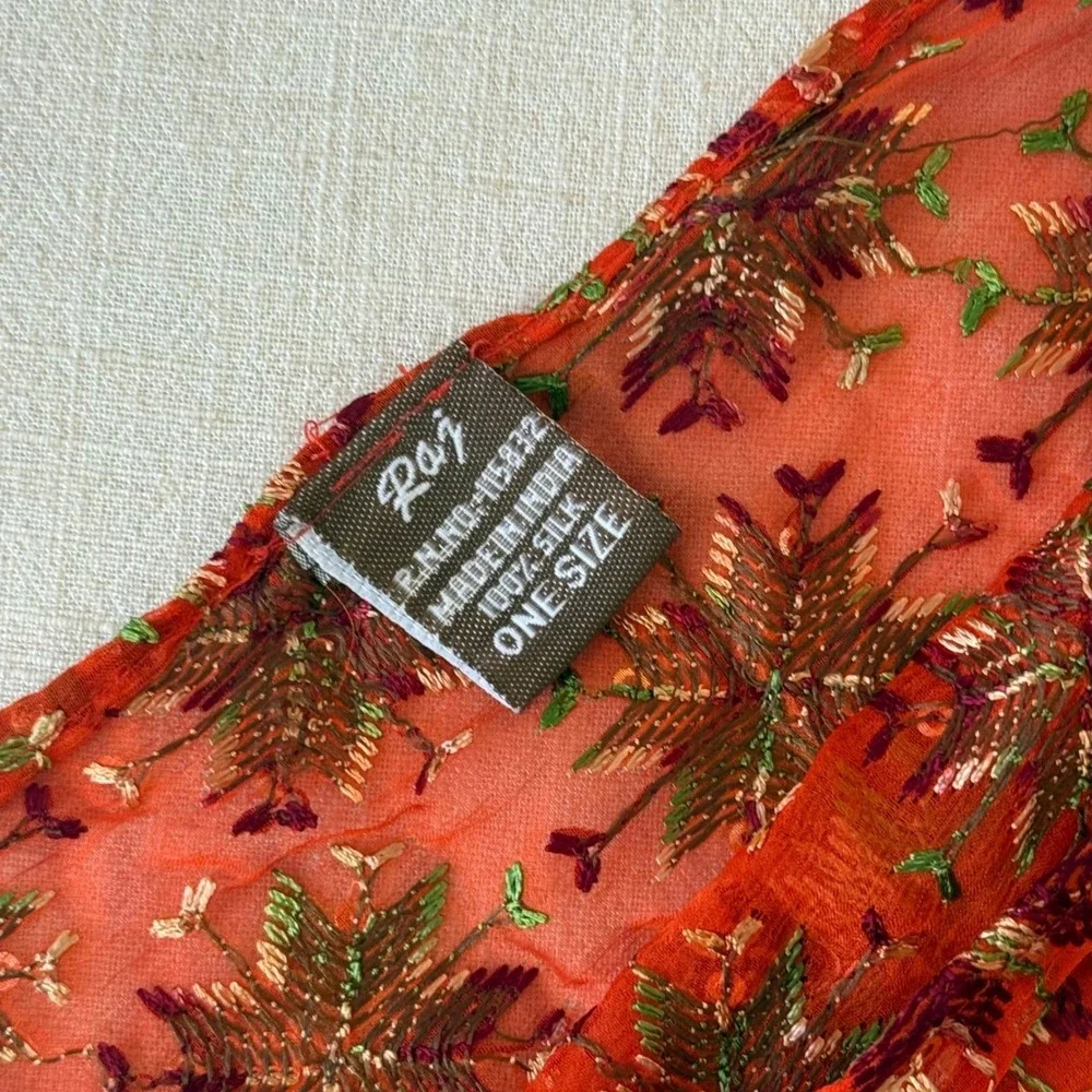 Raj Embroidered Sequin Infinity Scarf One Size Orange 100%‎ Silk Floral Bohemian